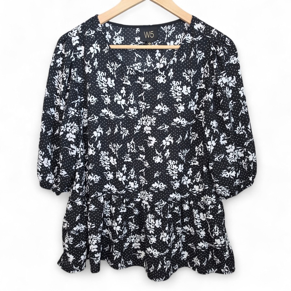 W5‎ Anthropologie Top Womens Large Black Floral Print Scoop Neck Sheer Blouse